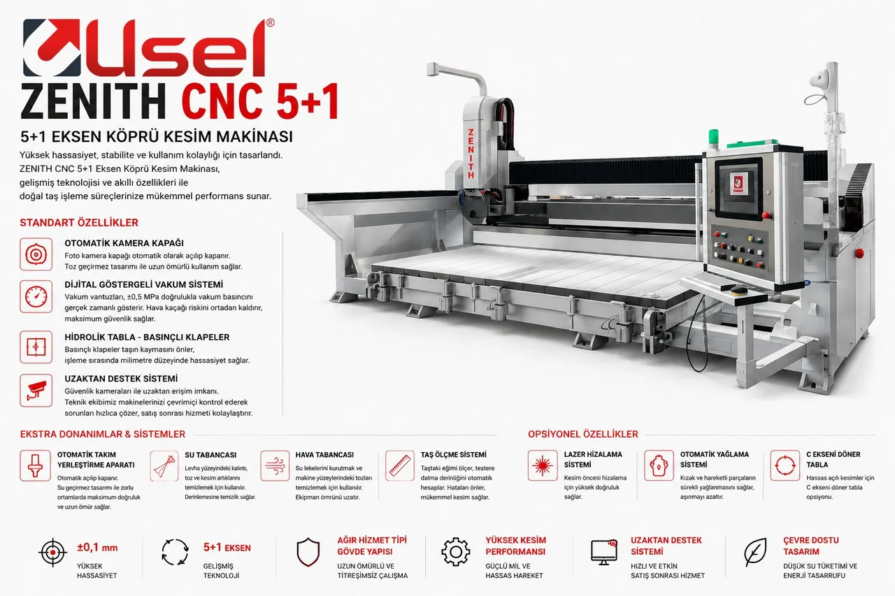 USEL Zenith CNC 5+1 Köprü Kesim Makinası — çok fonksiyonlu kesim, frezeleme, delme ve pah kırma merkezi