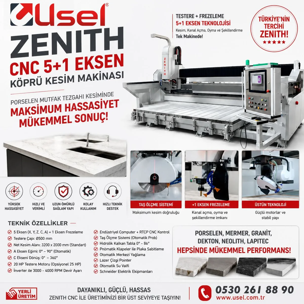 ZENITH CNC 5+1 Eksen Köprü Kesim Makinası — porselen mutfak tezgahı kesiminde maksimum hassasiyet kampanyası